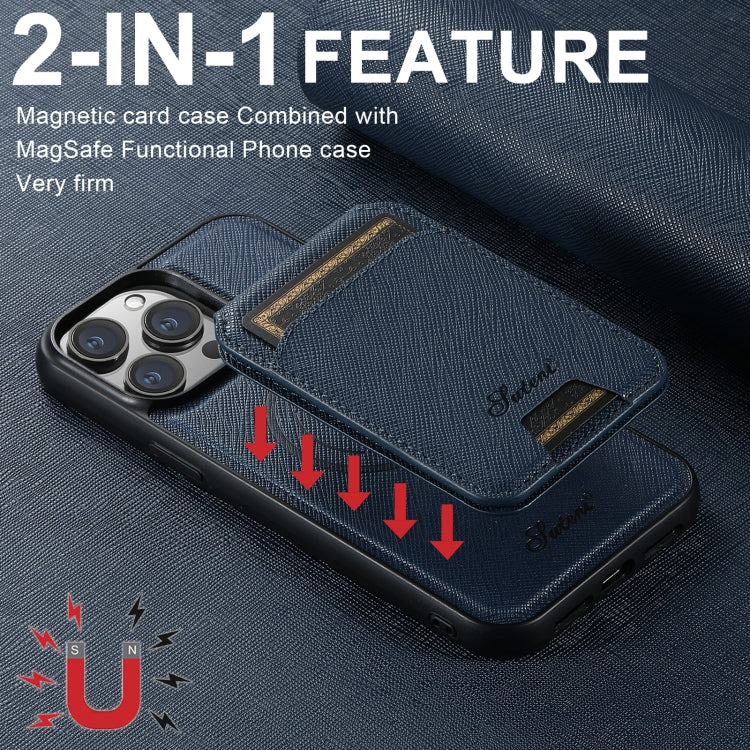 For iPhone 16 Plus Suteni H18 Cross Grain MagSafe Wallet Leather Phone Case(Blue) - iPhone 16 Plus Cases by Suteni | Online Shopping UK | buy2fix