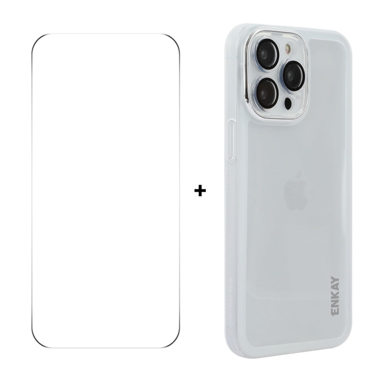 For iPhone 15 Pro Max ENKAY Hat-Prince Translucent Matte TPU Phone Case with Lens Film + 9H Big Arc Edge Film(White) - iPhone 15 Pro Max Cases by ENKAY | Online Shopping UK | buy2fix