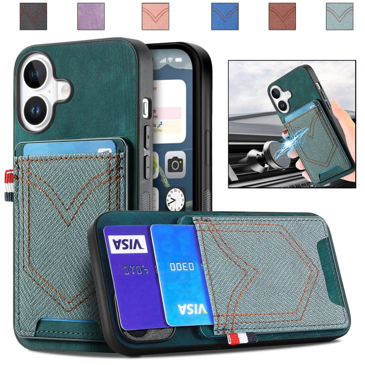 For iPhone 16 Plus Denim Texture Leather Skin Phone Case with Card Slot(Green) - iPhone 16 Plus Cases by buy2fix | Online Shopping UK | buy2fix