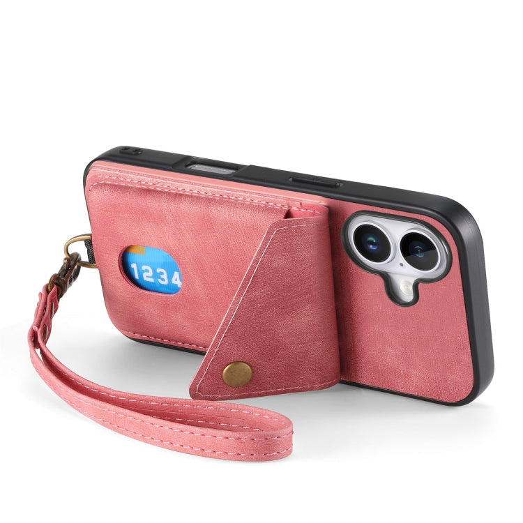 For iPhone 16 Retro Card Wallet Fold Leather Phone Case with Strap(Pink) - iPhone 16 Cases by buy2fix | Online Shopping UK | buy2fix