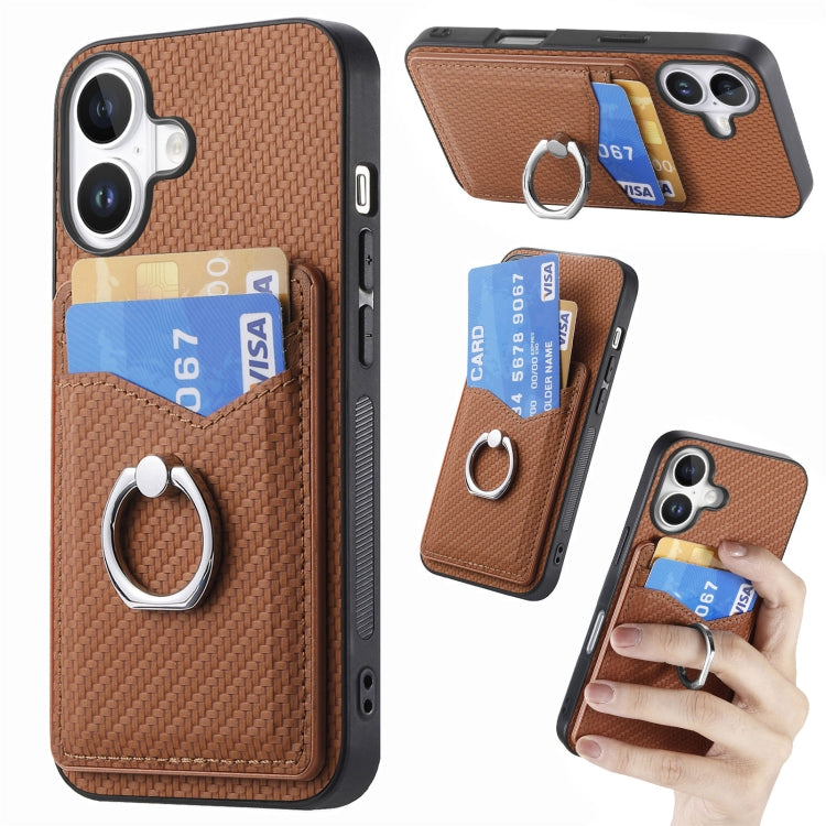 For iPhone 16 Carbon Fiber Card Wallet Ring Phone Case(Brown) - iPhone 16 Cases by buy2fix | Online Shopping UK | buy2fix