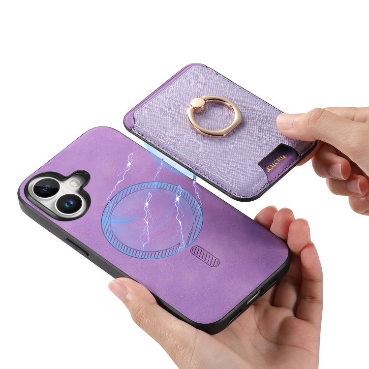 For iPhone 16 Plus Retro Cross Leather Card Bag MagSafe Phone Case(Purple) - iPhone 16 Plus Cases by buy2fix | Online Shopping UK | buy2fix