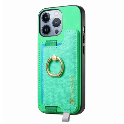 For iPhone 16 Pro Retro Magsafe Cross Leather Ring Holder Card Bag Phone Case(Green) - iPhone 16 Pro Cases by buy2fix | Online Shopping UK | buy2fix