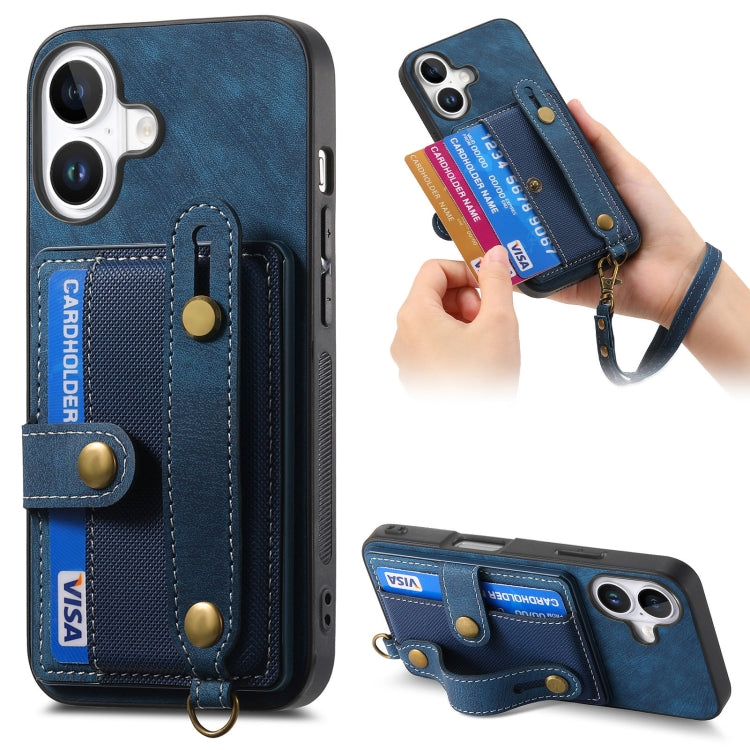 For iPhone 16 Plus Retro Cross Wristband Wallet Leather Back Phone Case(Blue) - iPhone 16 Plus Cases by buy2fix | Online Shopping UK | buy2fix