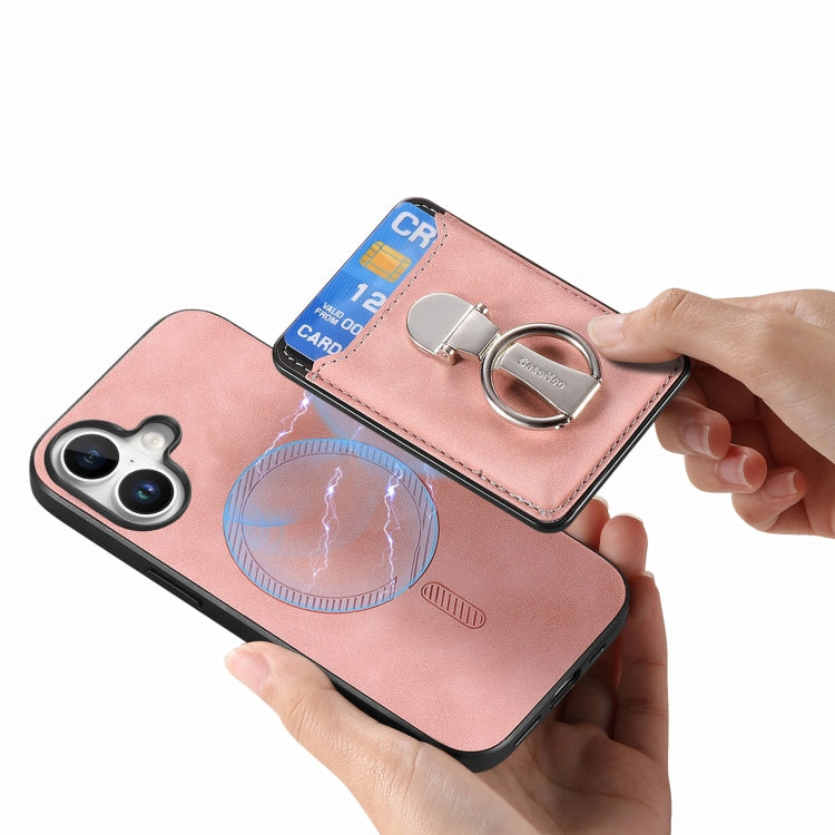 For iPhone 16 Plus Retro Folding Ring Holder Card Bag MagSafe Phone Case(Pink) - iPhone 16 Plus Cases by buy2fix | Online Shopping UK | buy2fix