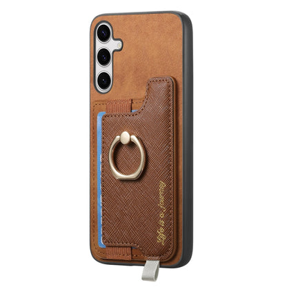 For Samsung Galaxy S25 5G Retro Cross Leather Ring Horizontal Insert Card Bag MagSafe Phone Case(Brown) - Galaxy S25 5G Cases by buy2fix | Online Shopping UK | buy2fix