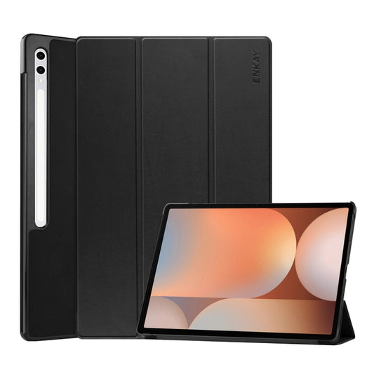 For Samsung Galaxy Tab S10+ / S9+ / S9 FE+ ENKAY Tri-fold Custer Texture Plastic Leather Smart Tablet Case with Pen Slot(Black) - Galaxy Tab S9+ Cases by ENKAY | Online Shopping UK | buy2fix