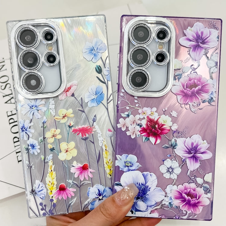 For Samsung Galaxy S25 5G Electroplating Flowers Plants Texture TPU Phone Case(Blue Flower FL13) - Galaxy S25 5G Cases by buy2fix | Online Shopping UK | buy2fix