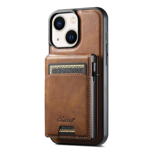 For iPhone 14 Suteni H19 Oil Wax 2-in-1 MagSafe Removable Card Box Back Phone Case(Brown) - iPhone 14 Cases by Suteni | Online Shopping UK | buy2fix