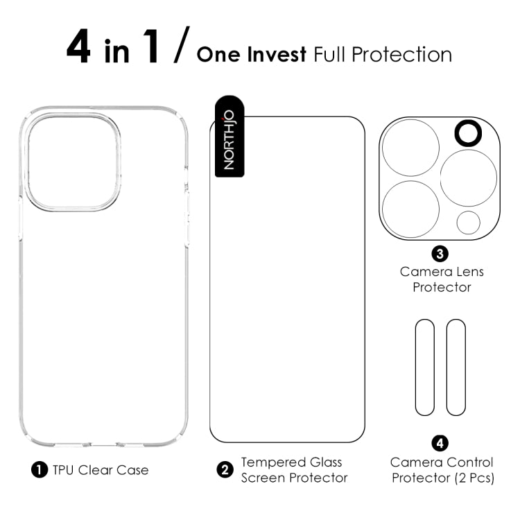 For iPhone 16 Pro NORTHJO 4 in 1 TPU Phone Case with Screen Film and Lens Film and Camera Control Button Cover(Clear) - iPhone 16 Pro Cases by NORTHJO | Online Shopping UK | buy2fix