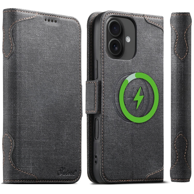 For iPhone 16 Plus Suteni J07 Multi-functional Horizontal MagSafe Denim Leather Phone Case(Black) - iPhone 16 Plus Cases by Suteni | Online Shopping UK | buy2fix