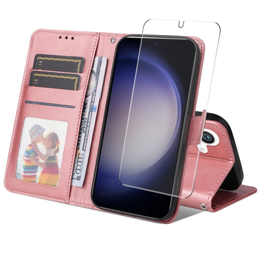 For Samsung Galaxy S25+ 5G ENKAY Card Wallet Calf Texture Leather Phone Case with Screen Film(Pink) - Galaxy S25+ 5G Cases by ENKAY | Online Shopping UK | buy2fix