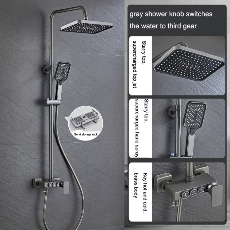 Button Three Gear Shower Set Full Copper Faucet Pressurized Square Nozzle Shower Set(Gray) - Shower Head by buy2fix | Online Shopping UK | buy2fix