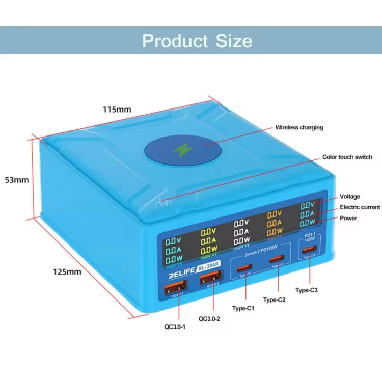 RELIFE RL-304R 5-Port 260W GaN Smart USB Fast Charger With 15W Wireless Chargind LCD Display(EU Plug) - Multifunction Charger by RELIFE | Online Shopping UK | buy2fix