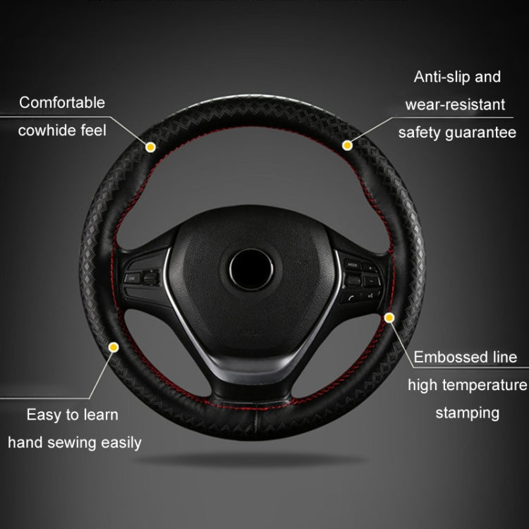 38cm Four-season Embossed Hand-sewn Cowhide Steering Wheel Cover(Coffee) - Steering Wheel Accessories by buy2fix | Online Shopping UK | buy2fix