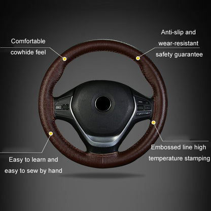 38cm Four-season Embossed Cowhide Hand-sewn Steering Wheel Cover(Brown) - Steering Wheel Accessories by buy2fix | Online Shopping UK | buy2fix