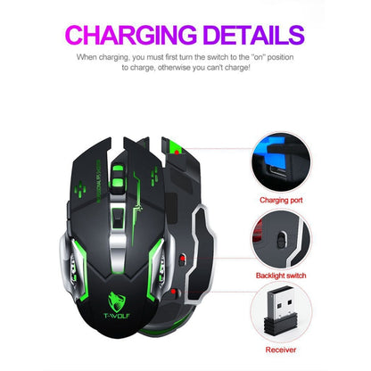 T-WOLF Q13 2.4GHz 6-keys RGB Colorful Light Gaming Wireless Mouse, Color: Single Mode Black - Wireless Mice by T-WOLF | Online Shopping UK | buy2fix