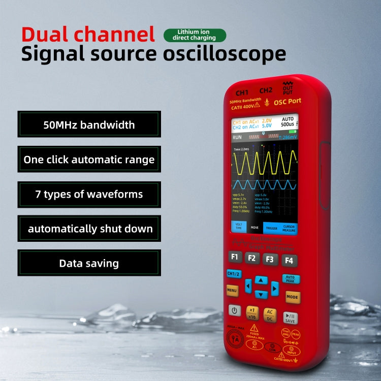 BSIDE O9 Digital Handheld Dual Channel 50MHz Oscilloscope Signal Source Multimeter, Spec: With Dual Oscilloscope Probe (Red) - Digital Multimeter by BSIDE | Online Shopping UK | buy2fix