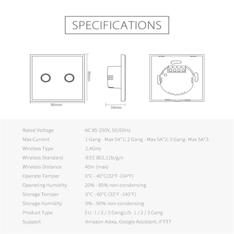 NEO NAS-SC02W Wireless WiFi EU Smart Light Control Switch 2Gang - Smart Switch by NEO | Online Shopping UK | buy2fix