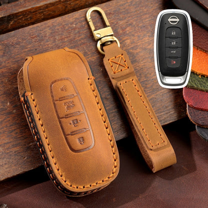 For Nissan Teana / Ariya 4-button Horn Hallmo Car Cowhide Leather Key Protective Cover Key Case(Brown) - In Car by Hallmo | Online Shopping UK | buy2fix