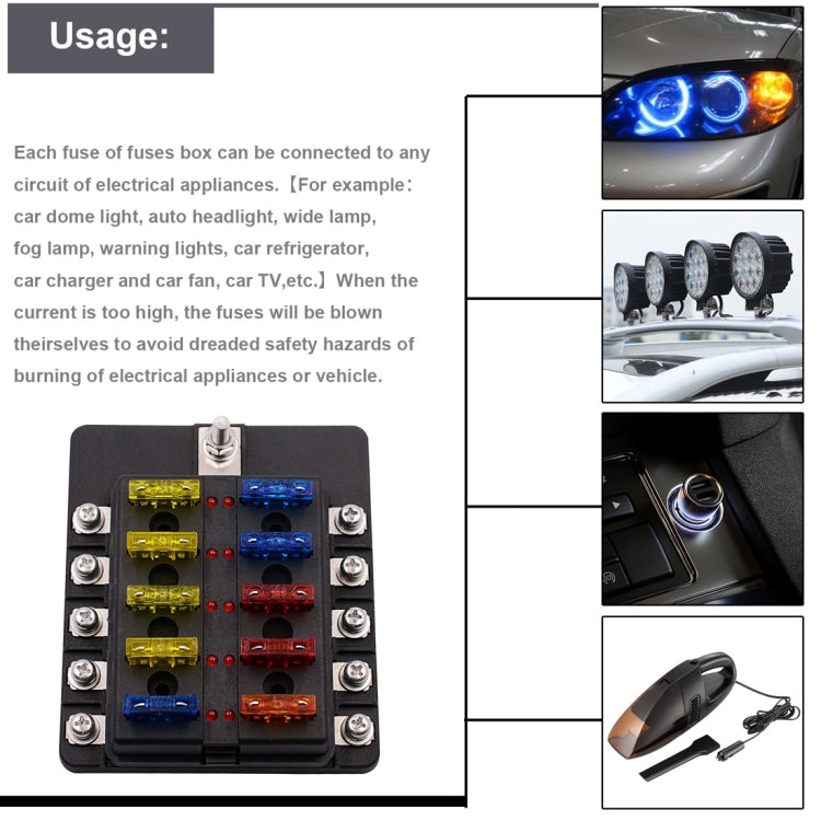 1 in 10 Out Fuse Box Screw Terminal Section Fuse Holder Kits with LED Warning Indicator for Auto Car Truck Boat - In Car by buy2fix | Online Shopping UK | buy2fix