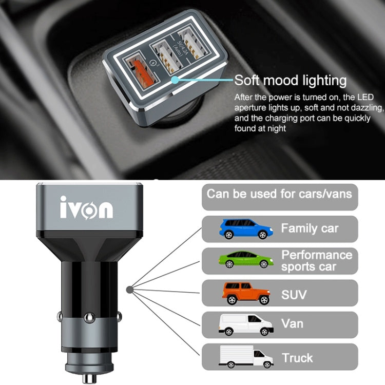 IVON CC36 39W 7.2A QC 3.0 USB + Dual USB Car Charger with Ambient Light - In Car by IVON | Online Shopping UK | buy2fix