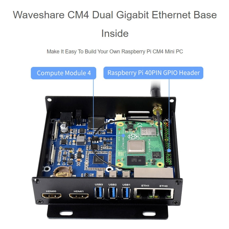 Waveshare Dual Gigabit Ethernet Mini-Computer with Metal Case & Cooling Fan for Raspberry Pi CM4(EU Plug) - Mini PC Accessories by WAVESHARE | Online Shopping UK | buy2fix