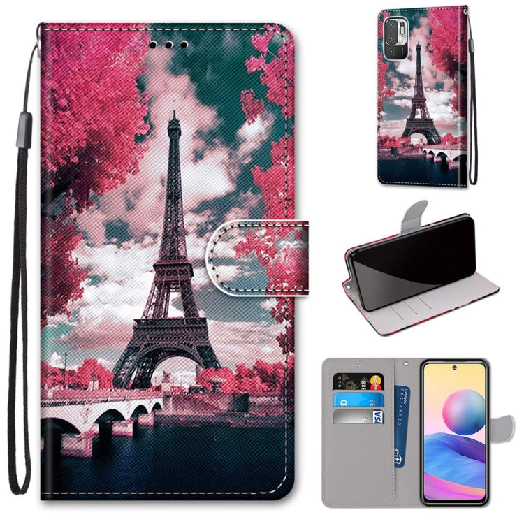 For Xiaomi Redmi Note 10 5G Coloured Drawing Cross Texture Horizontal Flip PU Leather Case with Holder & Card Slots & Wallet & Lanyard(Pink Flower Tower Bridge) - Xiaomi Cases by buy2fix | Online Shopping UK | buy2fix