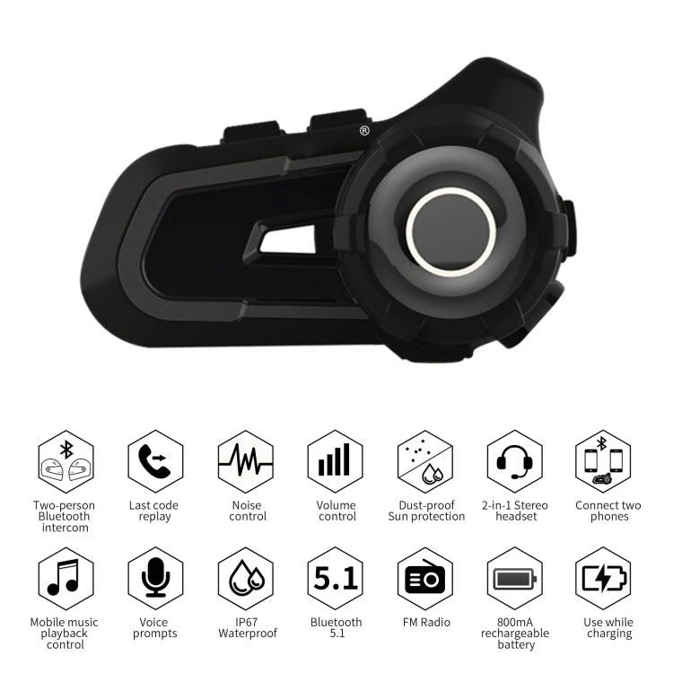 CS-1412D1 Bluetooth 5.1 S2 Motorcycle Helmet Full Duplex Bluetooth Intercom Headset Earphone(Black) - Motorcycle Walkie Talkie by buy2fix | Online Shopping UK | buy2fix