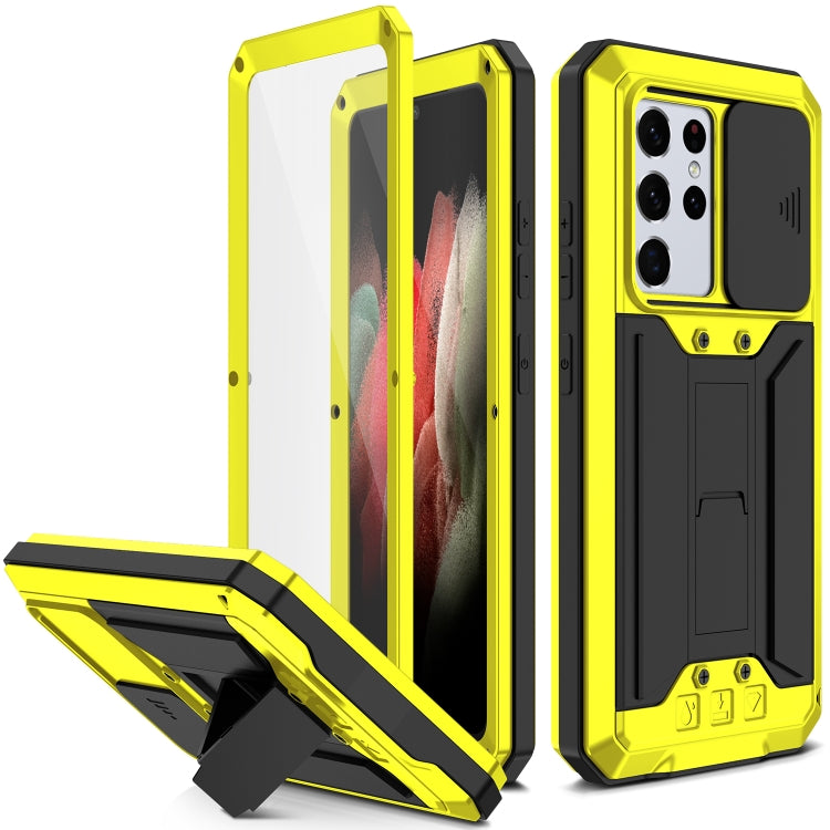 For Samsung Galaxy S21 Ultra 5G R-JUST Sliding Lens Cover Shockproof Dustproof Waterproof Metal + Silicone Case with Invisible Holder(Yellow) - Galaxy S21 Ultra 5G Cases by R-JUST | Online Shopping UK | buy2fix