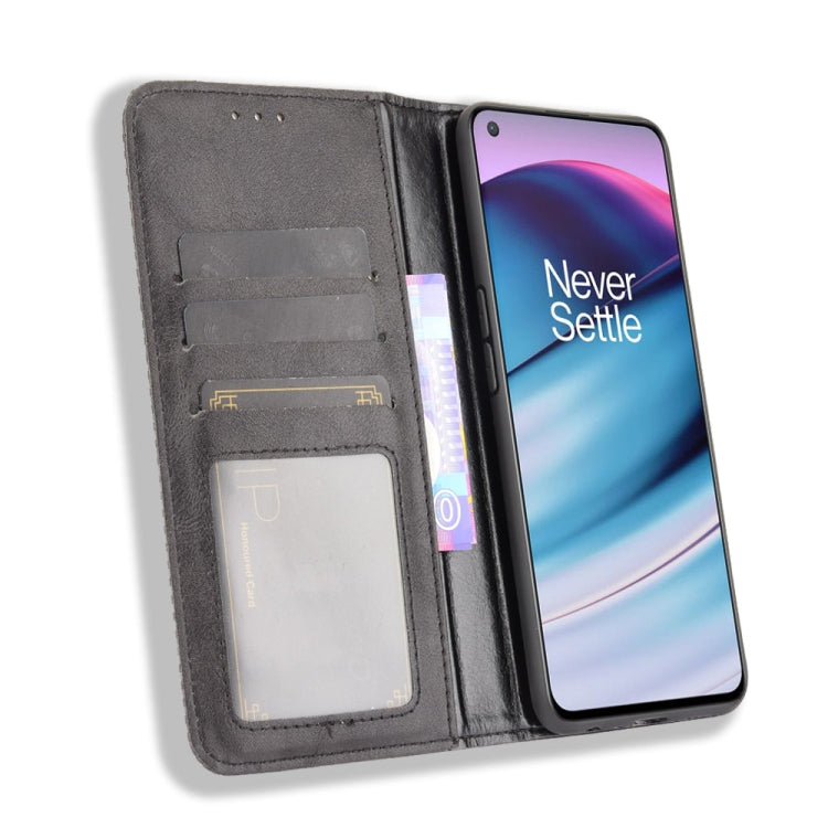 For OnePlus Nord CE 5G Magnetic Buckle Retro Crazy Horse Texture Horizontal Flip Leather Case with Holder & Card Slots & Photo Frame(Black) - OnePlus Cases by buy2fix | Online Shopping UK | buy2fix