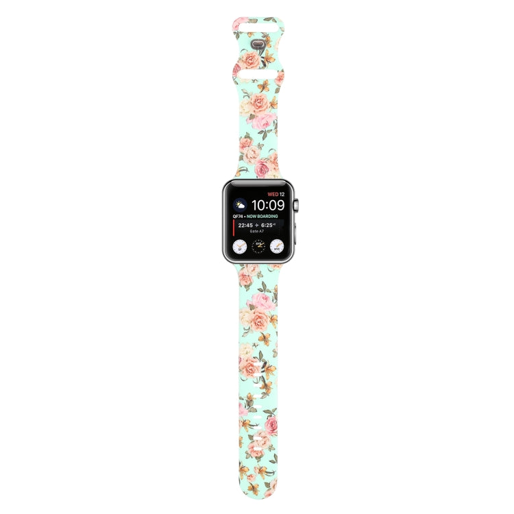 8-buckle Printed Strap Watch Band For Apple Watch Series 8&7 41mm / SE 2&6&SE&5&4 40mm / 3&2&1 38mm(Green Background Rose) - Smart Wear by buy2fix | Online Shopping UK | buy2fix