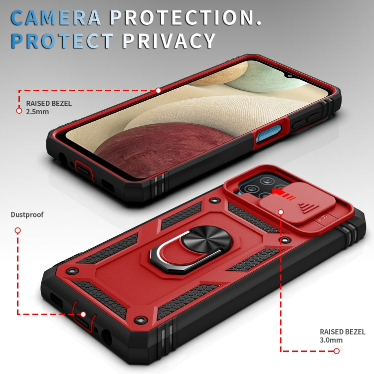 For Samsung Galaxy A12 Sliding Camera Cover Design TPU + PC Protective Case with 360 Degree Rotating Holder & Card Slot(Red+Black) - Samsung Accessories by buy2fix | Online Shopping UK | buy2fix