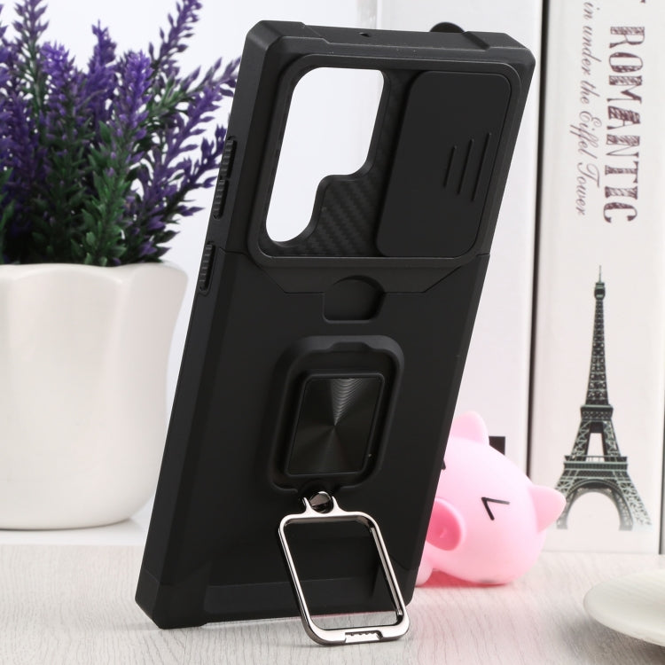 For Samsung Galaxy S22 Ultra 5G Sliding Camera Cover Design PC + TPU Shockproof Phone Case with Ring Holder & Card Slot(Black) - Samsung Accessories by buy2fix | Online Shopping UK | buy2fix