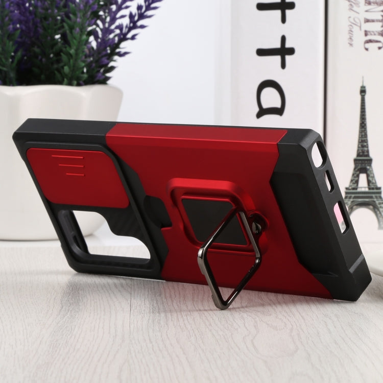 For Samsung Galaxy S22 Ultra 5G Sliding Camera Cover Design PC + TPU Shockproof Phone Case with Ring Holder & Card Slot(Red) - Samsung Accessories by buy2fix | Online Shopping UK | buy2fix