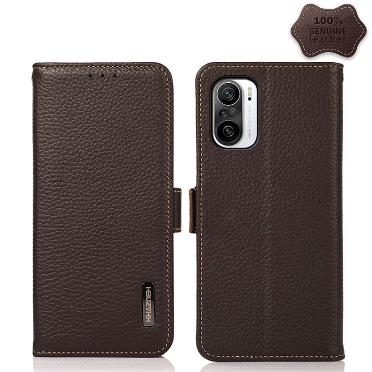 For Xiaomi Redmi K40 Pro / Poco F3 KHAZNEH Side-Magnetic Litchi Genuine Leather RFID Phone Case(Brown) - Xiaomi Cases by buy2fix | Online Shopping UK | buy2fix