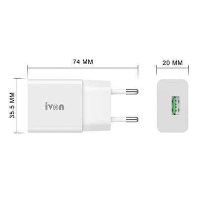 IVON AD-35 2 in 1 18W QC3.0 USB Port Travel Charger + 1m USB to 8 Pin Data Cable Set, EU Plug(White) - Apple Accessories by IVON | Online Shopping UK | buy2fix