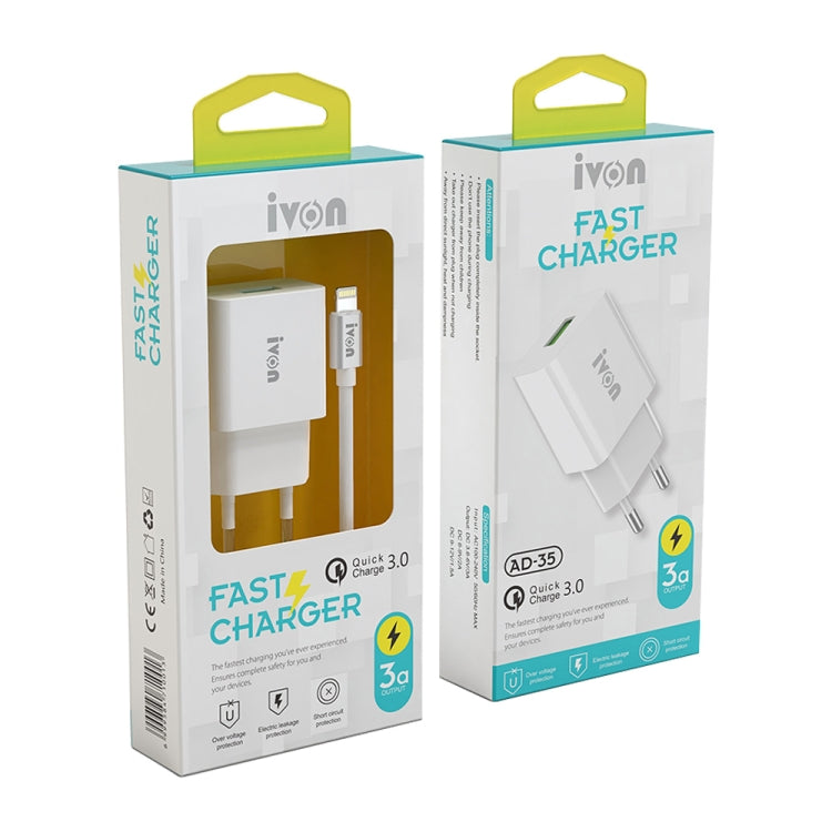 IVON AD-35 2 in 1 18W QC3.0 USB Port Travel Charger + 1m USB to 8 Pin Data Cable Set, EU Plug(White) - Apple Accessories by IVON | Online Shopping UK | buy2fix