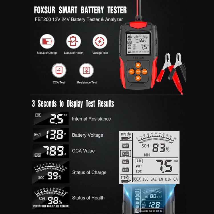 FOXSUR FBT200 12V / 24V Car Battery Tester(Orange) - Electronic Test by FOXSUR | Online Shopping UK | buy2fix