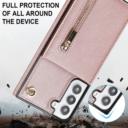 For Samsung Galaxy S22 5G Cross-body Square Zipper Card Holder Bag Phone Case(Rose Gold) - Samsung Accessories by buy2fix | Online Shopping UK | buy2fix