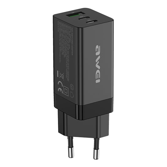 awei PD9 65W Dual Type-C / USB-C + USB GaN Fast Charging Travel Charger, EU Plug(Black) - USB Charger by awei | Online Shopping UK | buy2fix