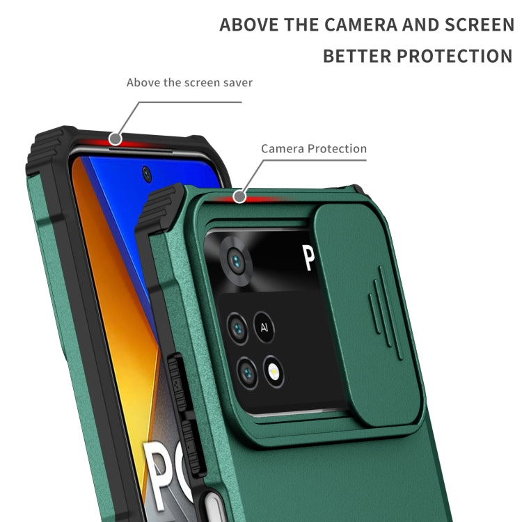 For Xiaomi Poco M4 Pro 4G Stereoscopic Holder Sliding Camshield Phone Case(Dark Green) - Xiaomi Cases by buy2fix | Online Shopping UK | buy2fix