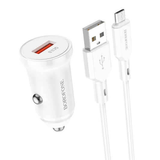 Borofone BZ18 Single USB Port QC3.0 Car Charger with Micro USB Charging Cable(White) - In Car by Borofone | Online Shopping UK | buy2fix