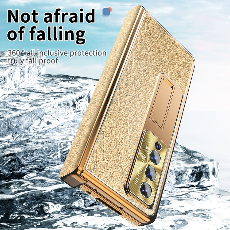 For Samsung Galaxy Z Fold4 Litchi Pattern Magnetic Shell Film Integrated Shockproof Phone Case(Gold) - Galaxy Z Fold4 5G Cases by buy2fix | Online Shopping UK | buy2fix