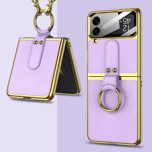 For Samsung Galaxy Z Flip4 GKK Plating + Leather Phone Case with Ring & Strap(Purple) - Galaxy Z Flip4 5G Cases by GKK | Online Shopping UK | buy2fix