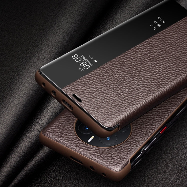 For Huawei Mate 50 Pro QIALINO Genuine Leather Side Window View Smart Phone Case(Brown) - Huawei Cases by QIALINO | Online Shopping UK | buy2fix