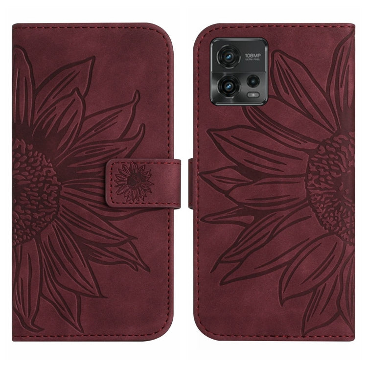 For Motorola Moto G72 5G Skin Feel Sun Flower Pattern Flip Leather Phone Case with Lanyard(Wine Red) - Motorola Cases by buy2fix | Online Shopping UK | buy2fix