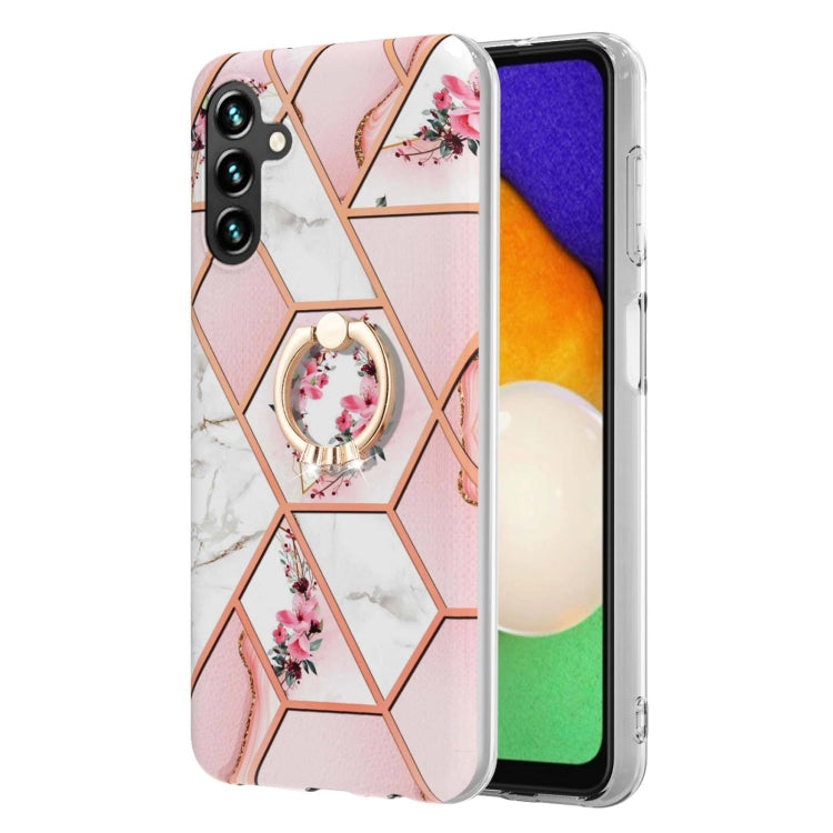 For Samsung Galaxy A54 5G Splicing Marble Flower IMD TPU Phone Case with Ring Holder(Pink Flower) - Galaxy Phone Cases by buy2fix | Online Shopping UK | buy2fix