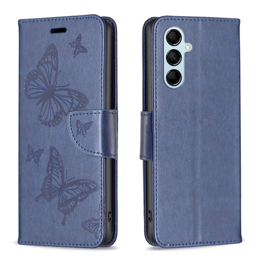 For Samsung Galaxy M14 5G Two Butterflies Embossing Leather Phone Case(Blue) - Galaxy Phone Cases by buy2fix | Online Shopping UK | buy2fix