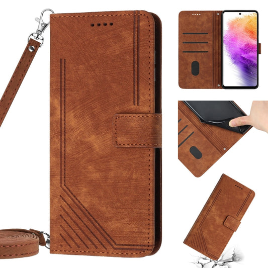 For Samsung Galaxy A14 5G Skin Feel Stripe Pattern Leather Phone Case with Lanyard(Brown) - Galaxy Phone Cases by buy2fix | Online Shopping UK | buy2fix